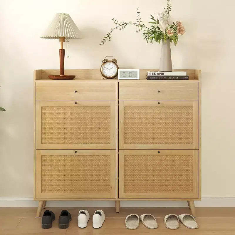 Farmhouse Rattan Entryway Shoe Cabinet, 4 Turn Drawers, 2 Pull-Out Drawers, Hidden Shoe Rack, for Hallway, Living Room