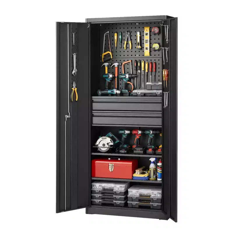 VEVOR Metal Storage Cabinet, 180 lbs Shelf Load Capacity, 70.87 Tall Garage Tool Storage Cabinet with 2 Locking Doors, Shelves, 2 Drawers, Black