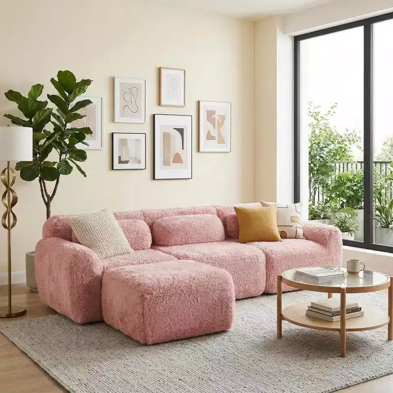 FurnitureR Modular Sectional Sofa with Ottoman, Soft Plush Upholstery, Deep Seat Comfort, L-Shape Convertible Couch for Living Room Apartment