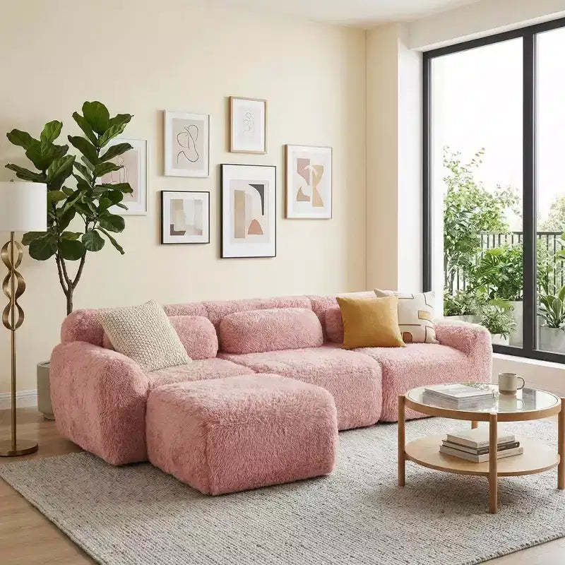 FurnitureR Modular Sectional Sofa with Ottoman, Soft Plush Upholstery, Deep Seat Comfort, L-Shape Convertible Couch for Living Room Apartment