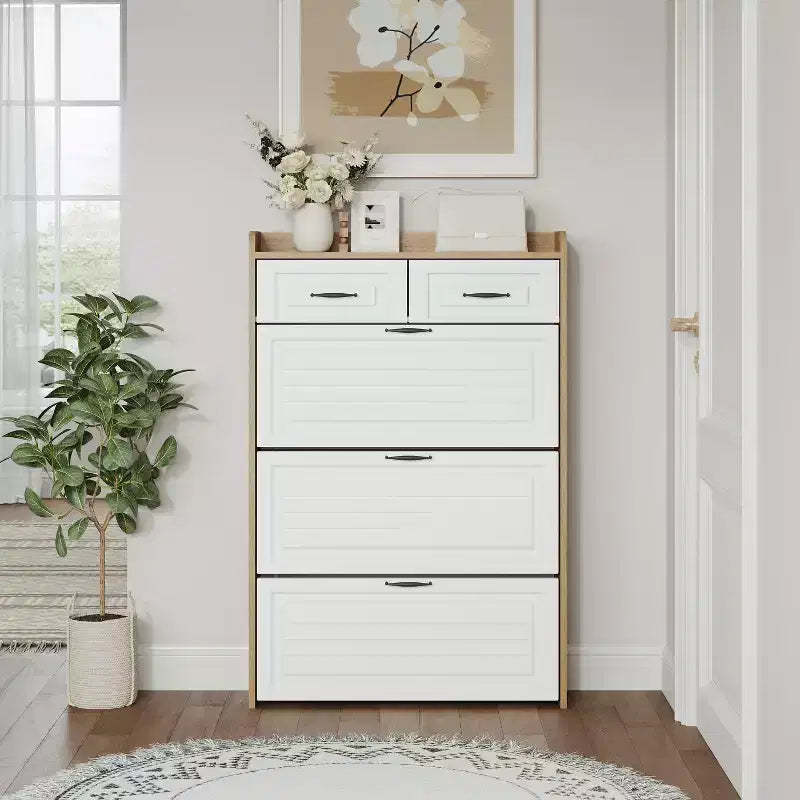 1250 White +oak Shoe Cabinet With 3 Doors 2 Drawers