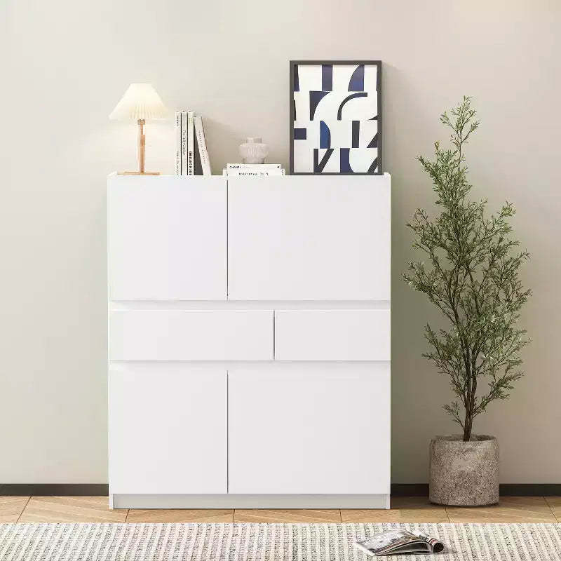 White Wooden Storage Cabinet With 4 Doors And 2 Drawers