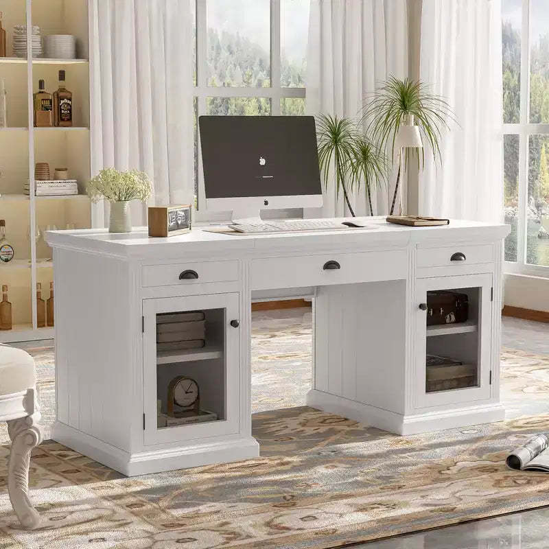 67 Modern Executive Desk with Drawers & Cabinet, Home Office Computer Desk with USB Ports, Writing Table Workstation, White - ModernLuxe