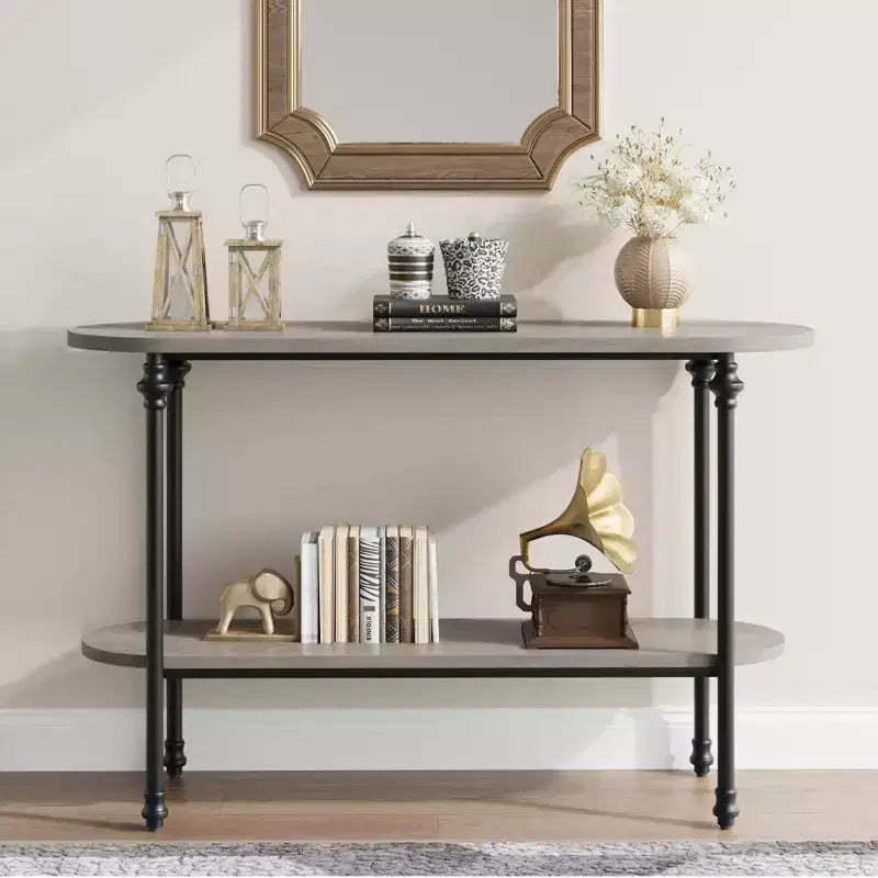 Narrow 2-Tier Industrial Entryway Console Table with Storage Shelf, Thin Behind Couch Sofa Table, Farmhouse Style