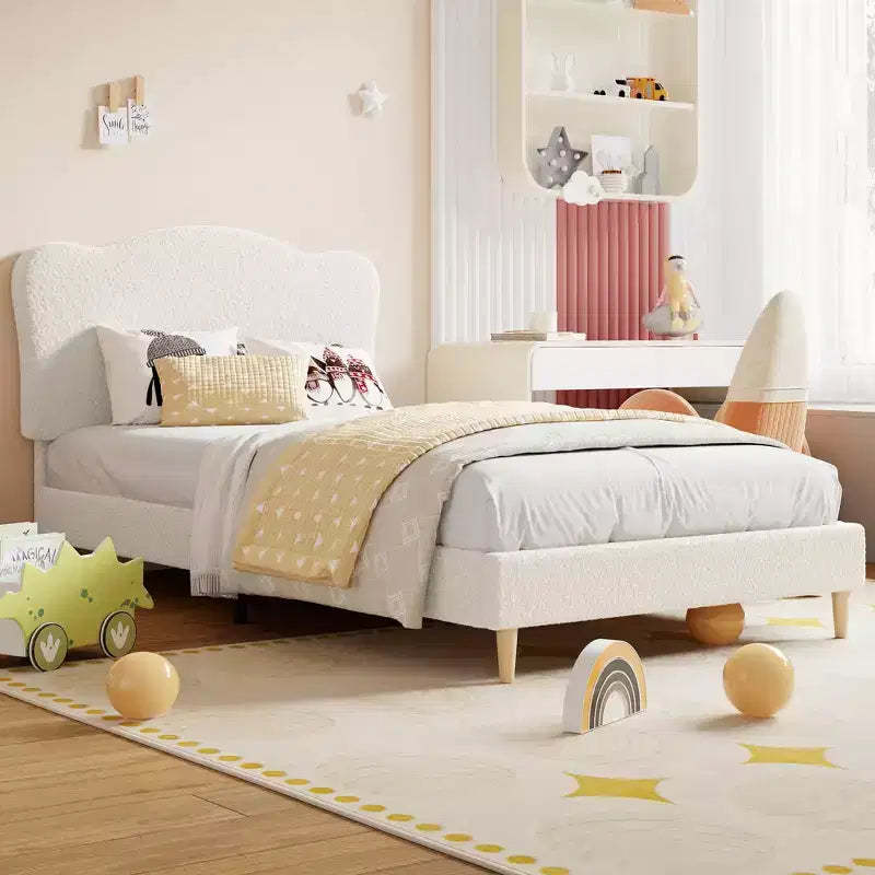 Upholstered Full Size Bed Frame for Kids with Scallop Headboard, Cute Velvet Full Bed for Girls, Boys, Sturdy Platform Bed, No Box Spring Needed