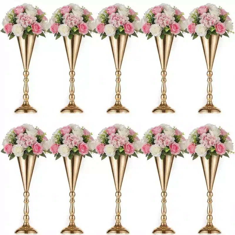 Elegant Gold Trumpet Vase Candle Holder Set 16.5 Inch Tall Tabletop Flower Stand for Weddings Anniversaries Home Decor