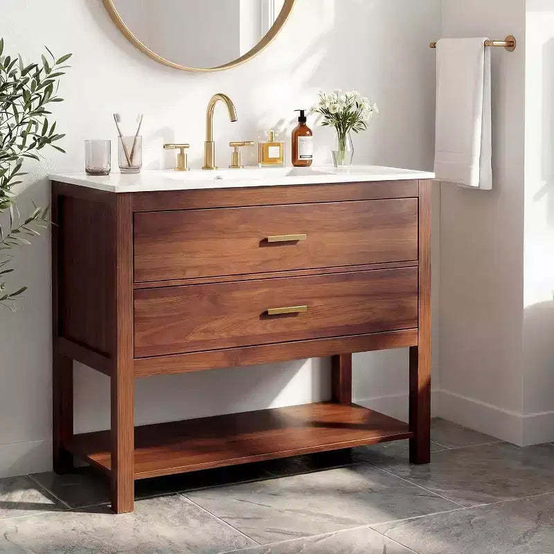 30 Farmhouse Bathroom Vanity with Sink, Wood Bath Storage Cabinet Featuring 2 Drawers & Open Shelf