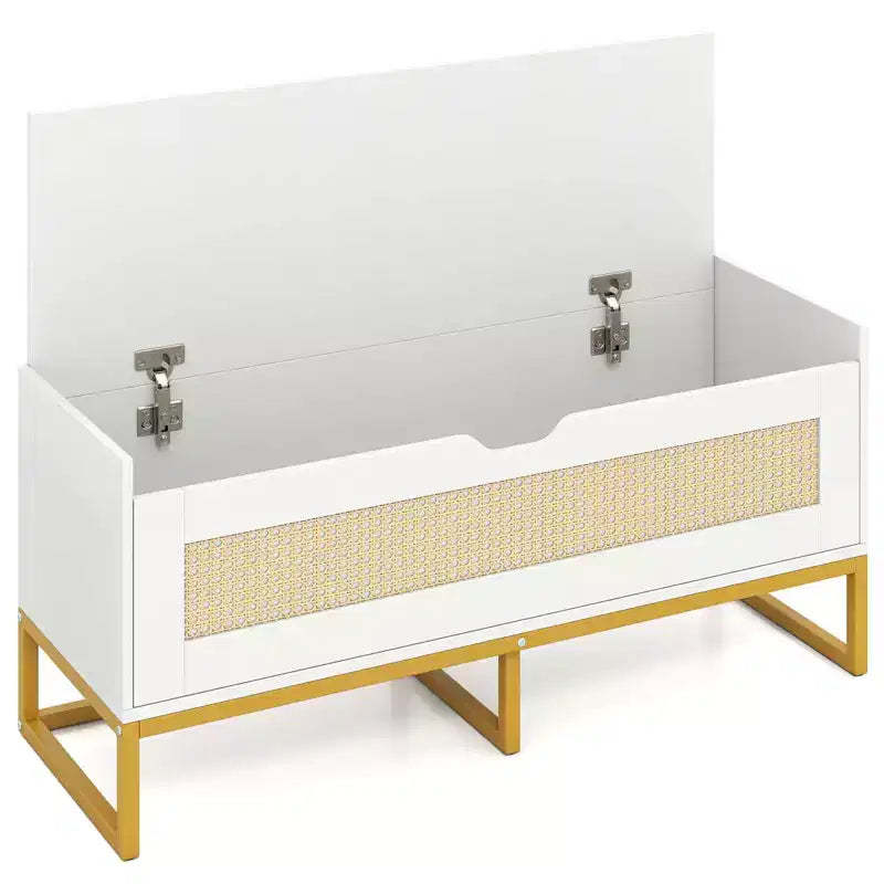 Costway 39.5 Rattan Storage Chest with Padded Seat, Flip-Top and Safety Hinges for Bedroom Gold and White/Brown