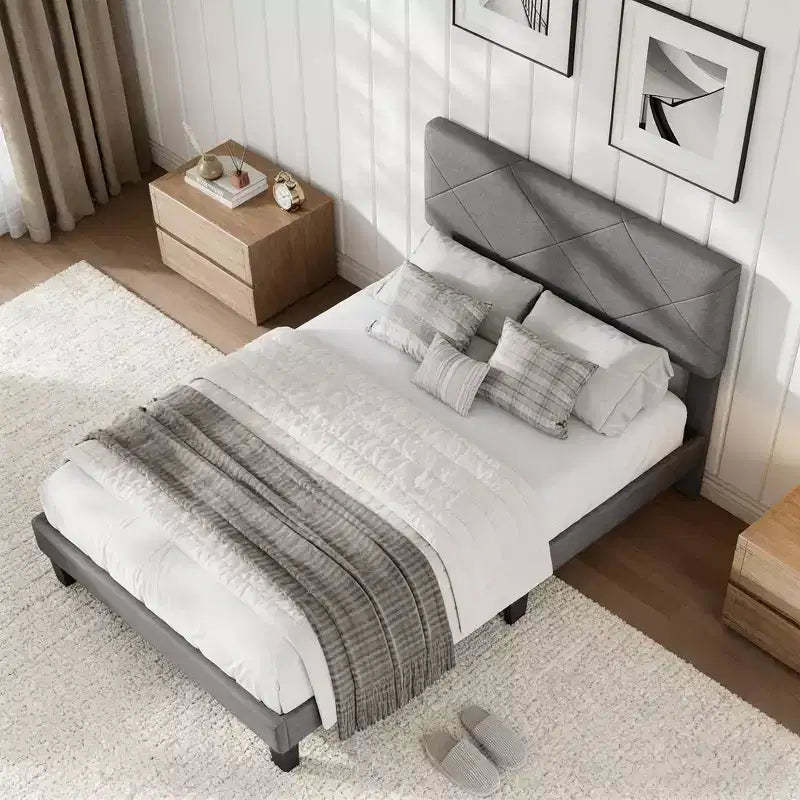 Bed Frame with Upholstered Headboard, King Size Platform Bed Frame with Wooden Slat Support, No Box Spring Needed & Noise Free