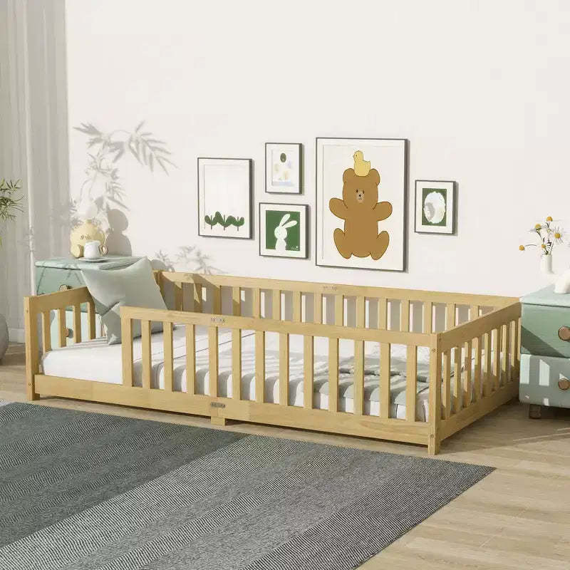 Clihome Twin Size Floor Bed with Fence without Door, Rubber Wood Floor Bed with Safety Guardrails