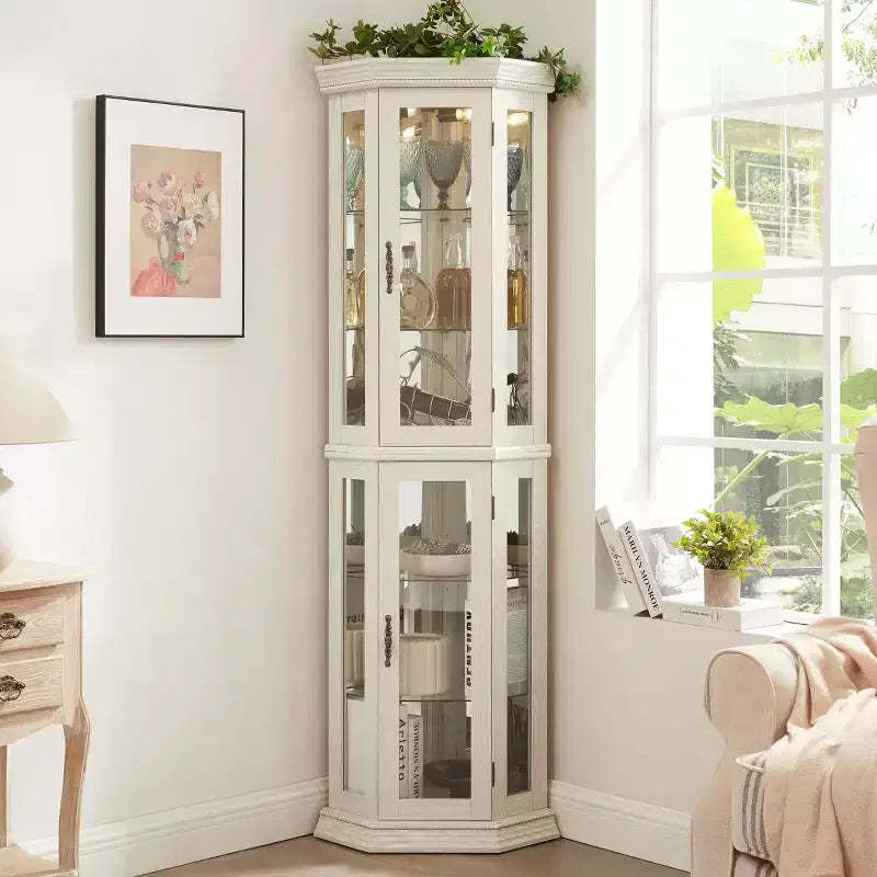 MAYEERTY Living Room Corner Cabinet MDF+Tempered Glass Adjustable Shelves Space-Saving