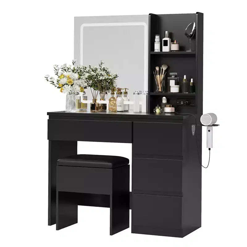 Modern Vanity Desk with Mirror and led light, 4 Drawers Storage Stool Shelves Hair Dryer Holder Makeup Table for Bedroom, Black