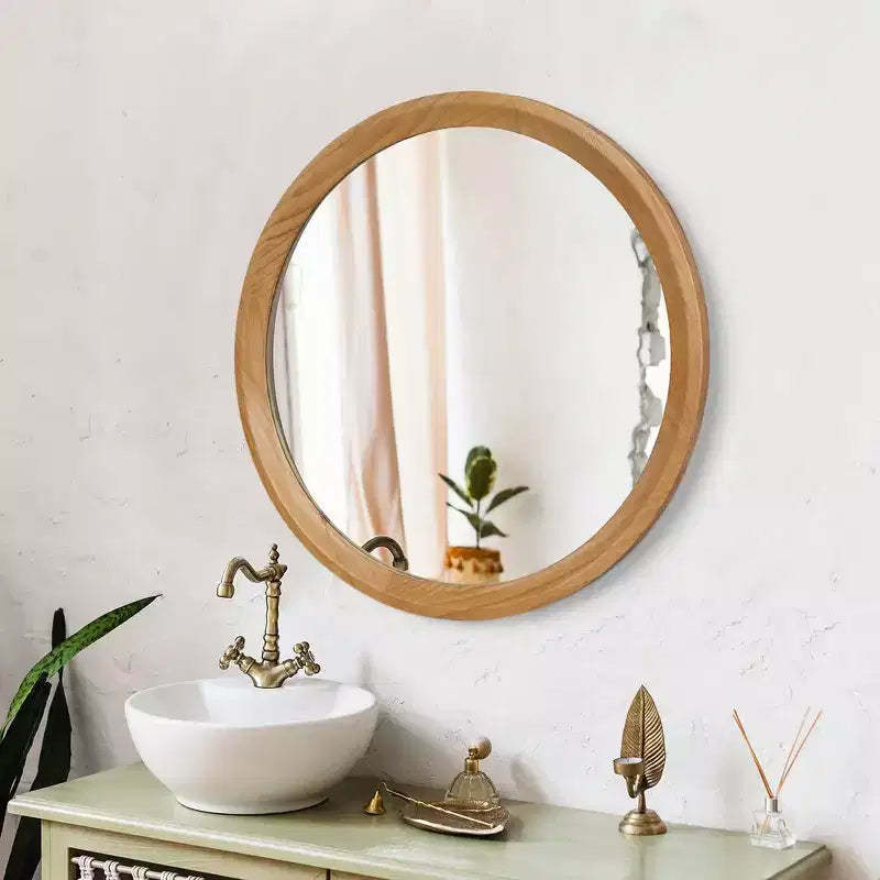 Whisen Round Distressed White Wood Decorative Wall Mirror with Beaded Trim, Shabby Chic Farmhouse Bathroom Vanity Mirror