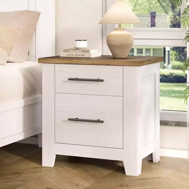 Space-Saving 2-Drawer Farmhouse Nightstand, Distressed White Bedside Table w/ Brown Top, Rustic Wood End Table for Bedroom & Living Room Sofa
