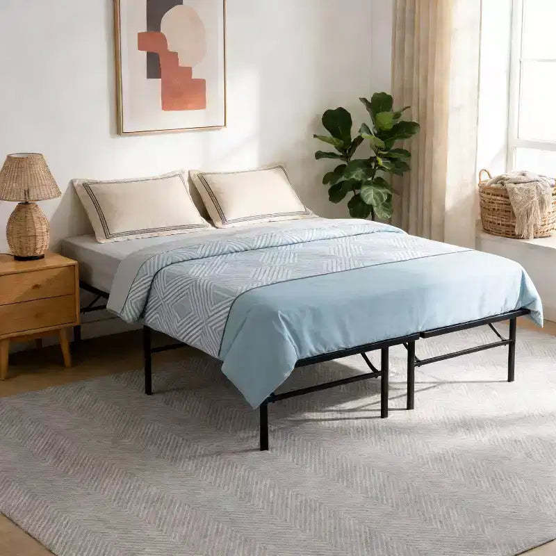 Bellemave Folding Metal Platform Bed Frame, 14 Heavy Duty Steel Slats, No Box Spring Needed, Easy Assembly, Underbed Storage, Black, Queen/King Size