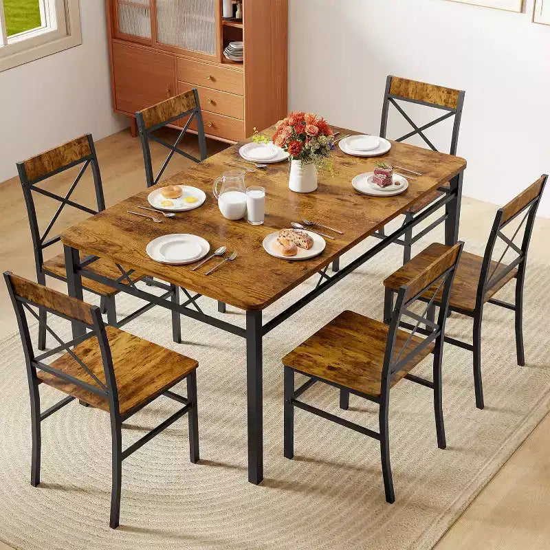 Zevemomo 7 Piece Dining Table Set, Kitchen Table Chairs Set for 6 with Curved Backrest Chairs for Kitchen & Living Room, Farmhouse, Brown