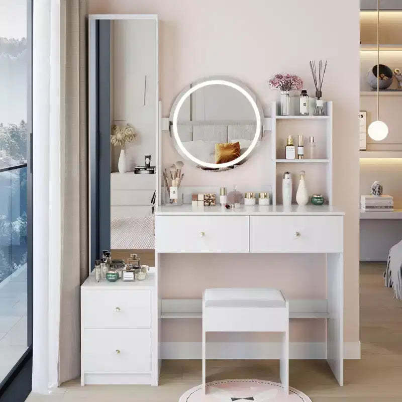 17-Inch Natural Vanity Desk Set with Full-Body Mirror Cabinet and Lights, Cabinet Storage, Matching Stool for Bedroom