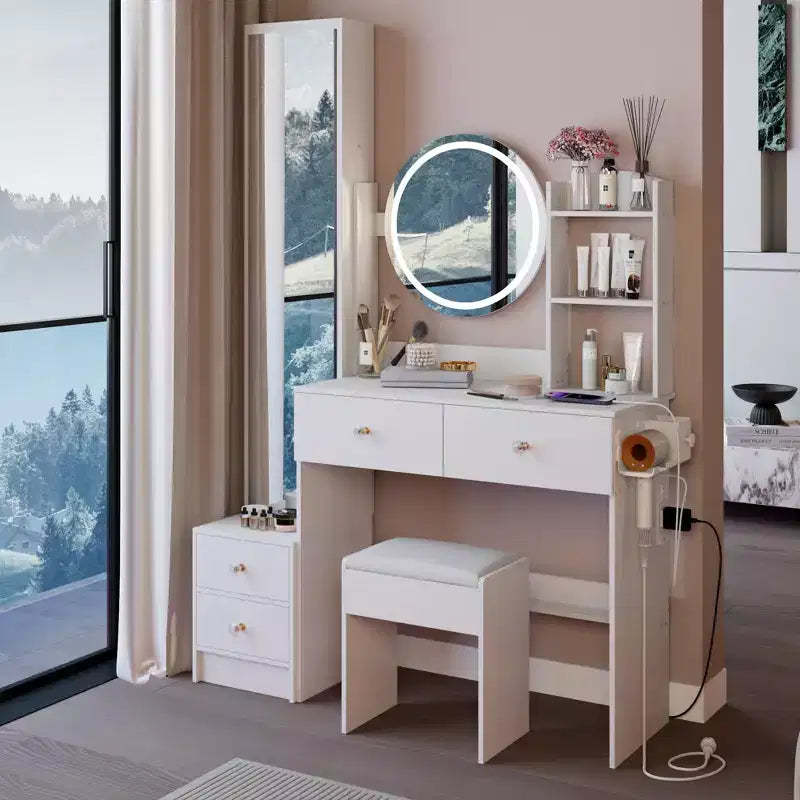 17-Inch Luxury Vanity Desk Set with Full-Body Mirror Cabinet and Lights, Cabinet Storage, Built-In Power Hub, Hair Dryer Stand, and Stool