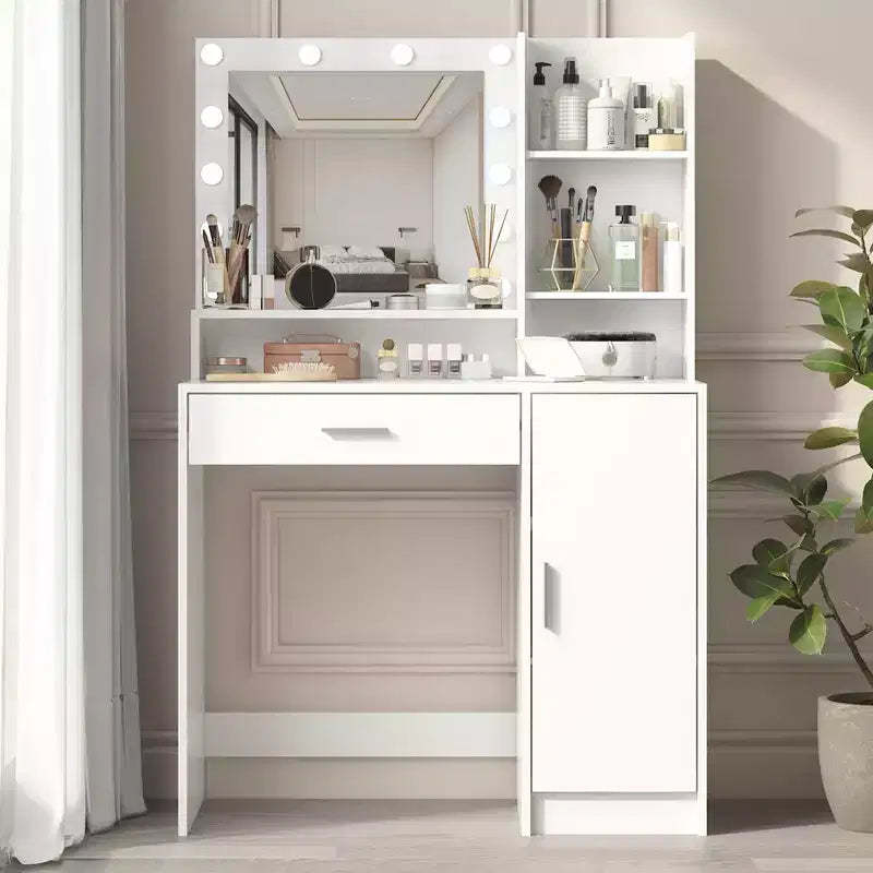 White Makeup Vanity Desk with Mirror and Lights, Cabinet and Shelf Storage, Open Shelves for Bedroom, Dimmable Lighting