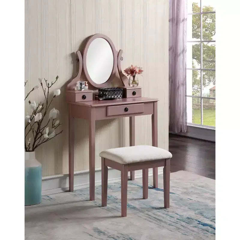 Contemporary Makeup Vanity Desk with Mirror, 3 Drawers, Matching Stool for Bedroom, Rose Gold Finish, Space-Saving Design