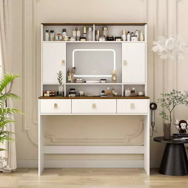 43-Inch Farmhouse Makeup Vanity Desk with Lighted Mirror, Organized Storage, Hair Dryer Holder for Bedroom, Natural Finish