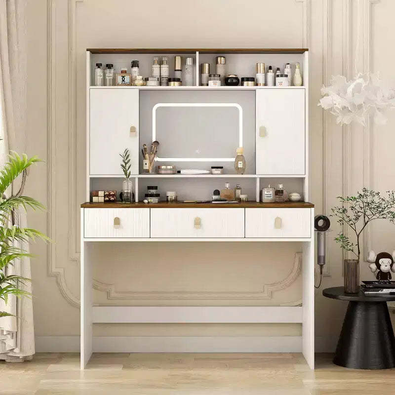 43-Inch Farmhouse Makeup Vanity Desk with Lighted Mirror, Organized Storage, Hair Dryer Holder for Bedroom, Natural Finish