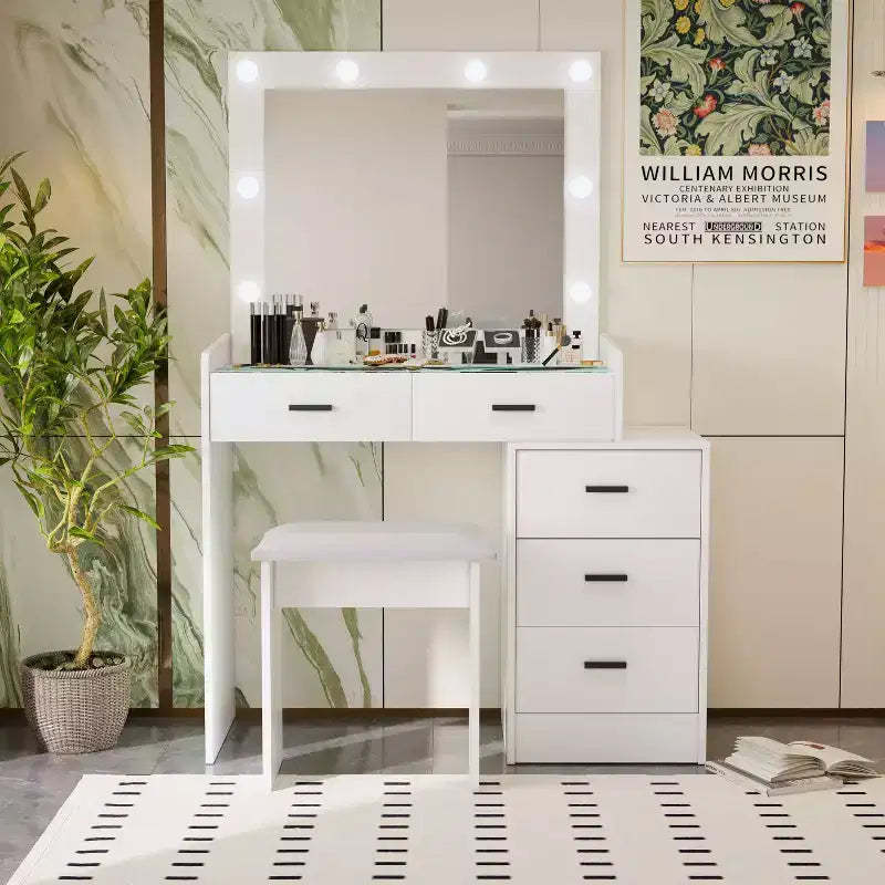 Modern Makeup Vanity Desk with Mirror and Lights, 5 Drawers, Matching Stool and Open Shelves for Bedroom, White Finish