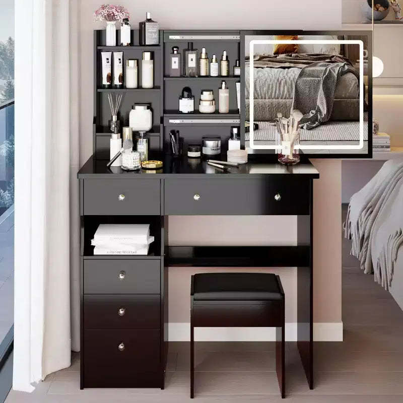 Okak Vanity Table and Chair Set with High Capacity Storage,37 Left Drawer Desktop Vanity Table with Extra Large Touch Control LED Mirror,Black