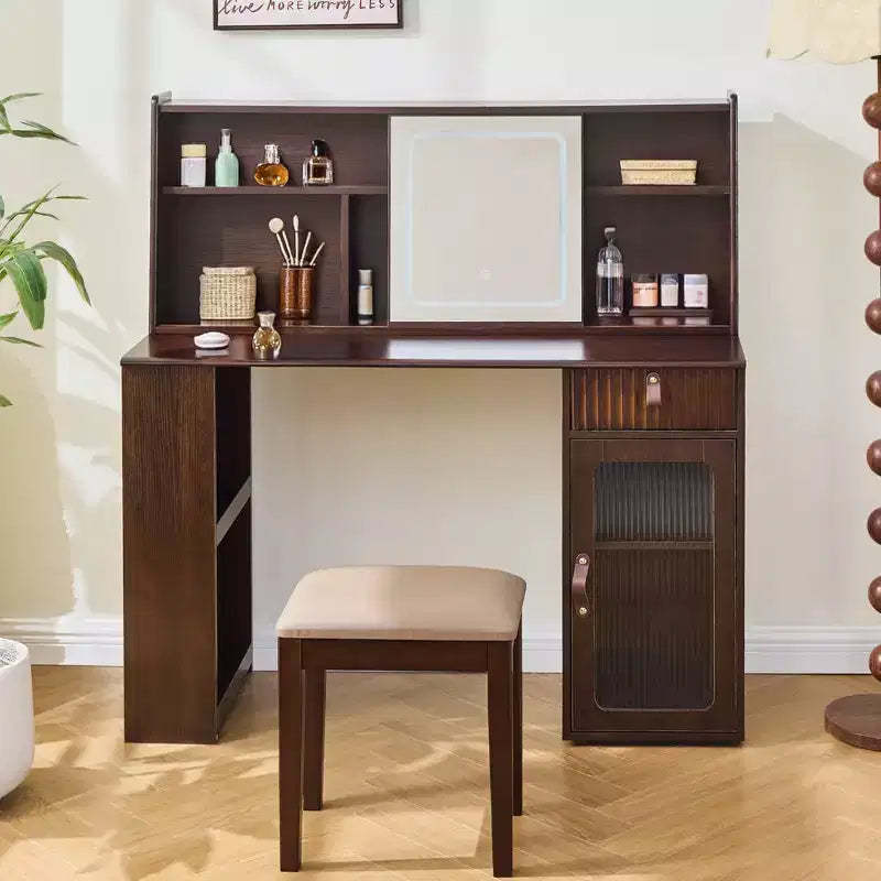 Modern Makeup Vanity Desk with Sliding LED Mirror, Cabinet and Shelf Storage, Side Cabinet, Matching Stool, and Open Shelves for Bedroom