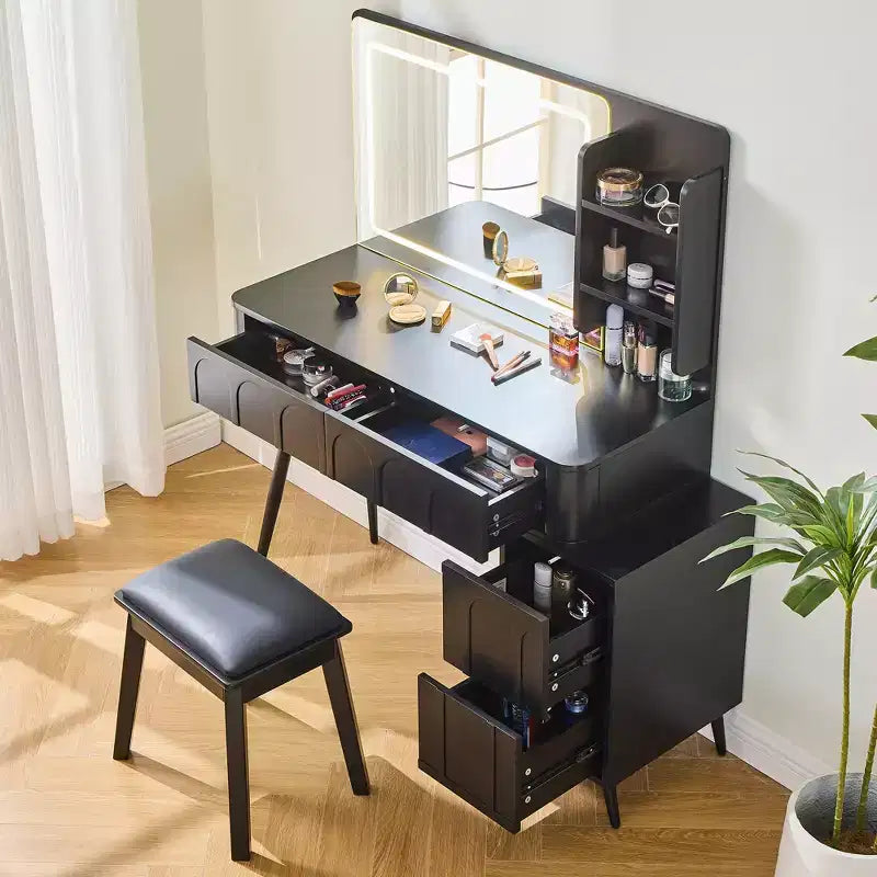 Modern Corner Makeup Vanity Desk with Lighted Mirror, 4 Drawers, Side Cabinet, Matching Stool, and Open Shelves for Bedroom