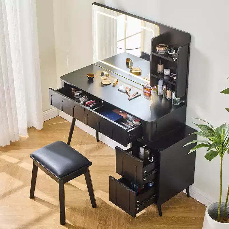 Modern Corner Makeup Vanity Desk with Lighted Mirror, 4 Drawers, Side Cabinet, Matching Stool, and Open Shelves for Bedroom