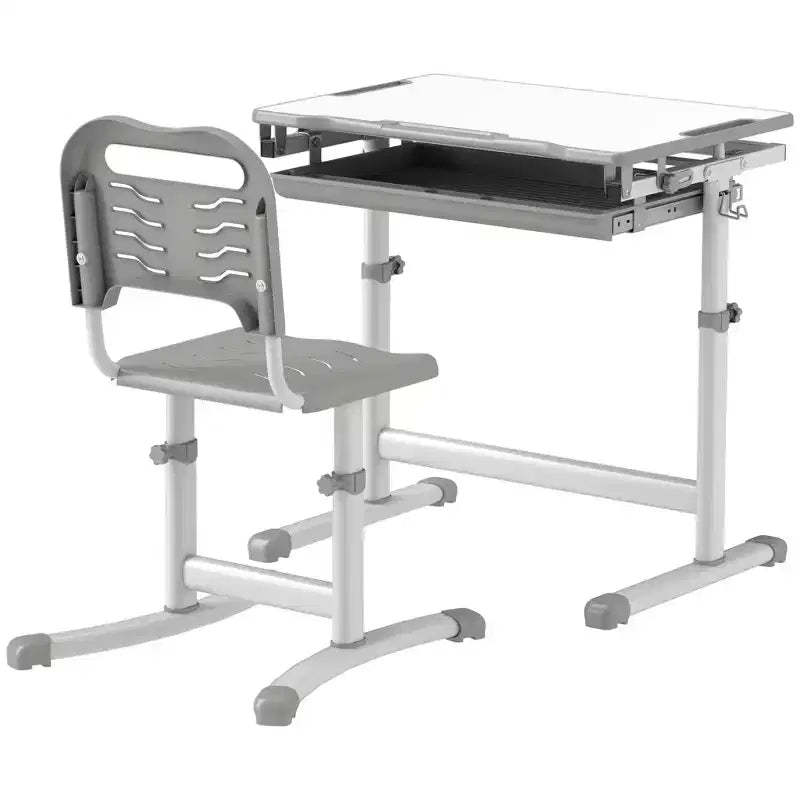 Height Adjustable Kids Desk and Chair Set with Tilt Desktop and Drawer Gray