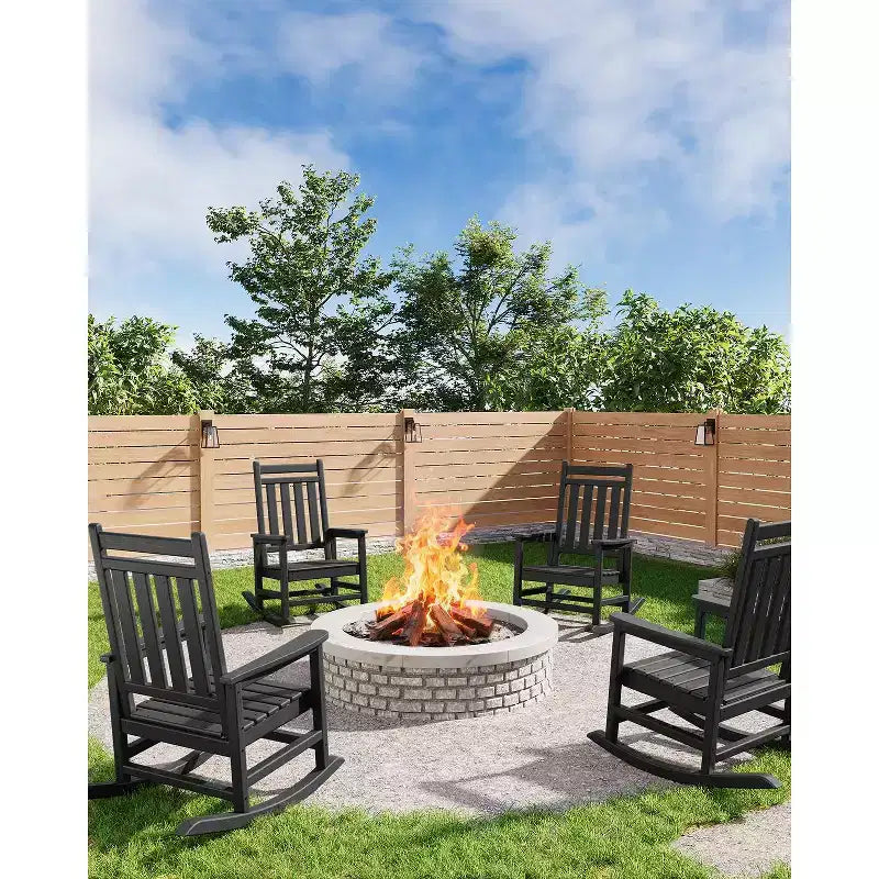 All-Weather HDPE Poly Lumber Adirondack Rocking Chairs Set of 4, High Back Patio Porch Rockers, Low Maintenance, Black