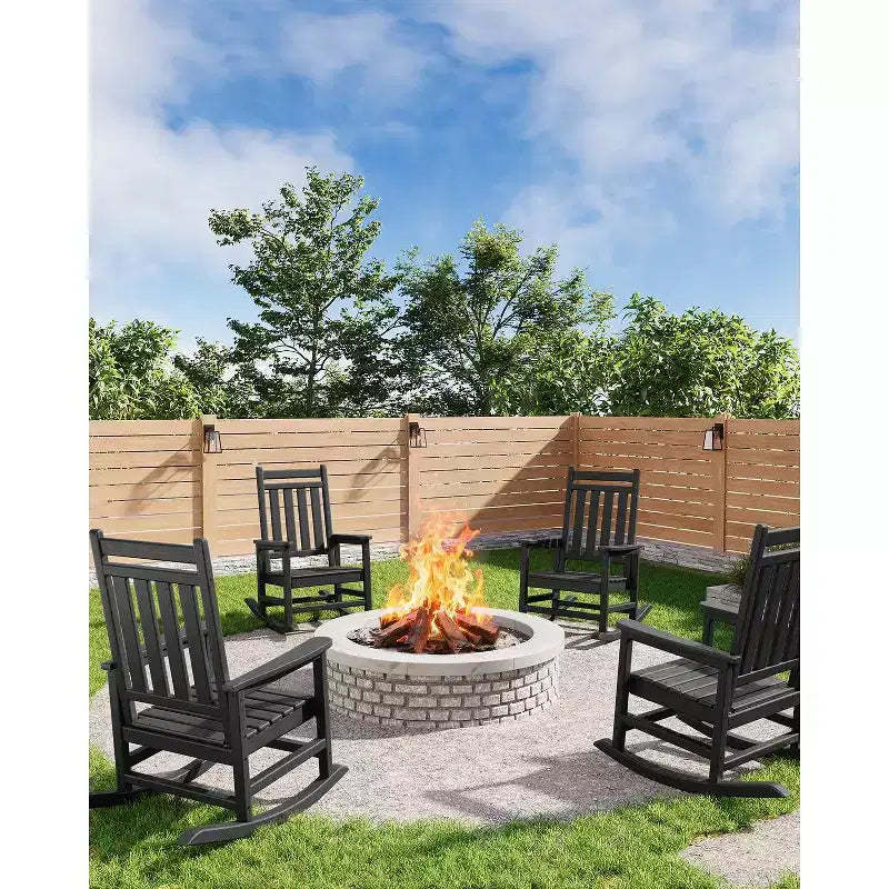 All-Weather HDPE Poly Lumber Adirondack Rocking Chairs Set of 4, High Back Patio Porch Rockers, Low Maintenance, Black
