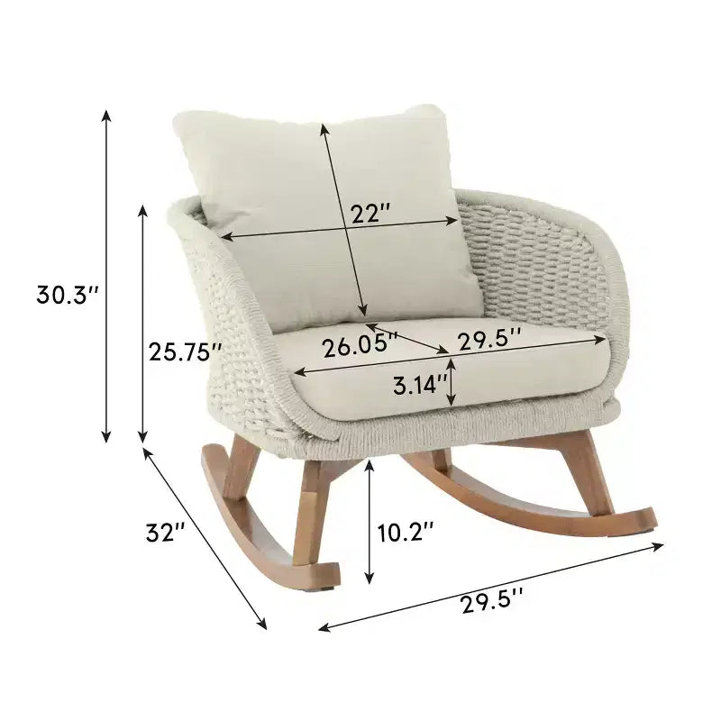 Set of 2 Beige Wicker Rocking Chairs with Polyester Cushions, Wooden Frame, Generous Seat, Smooth Rocking Motion for Indoor or Outdoor