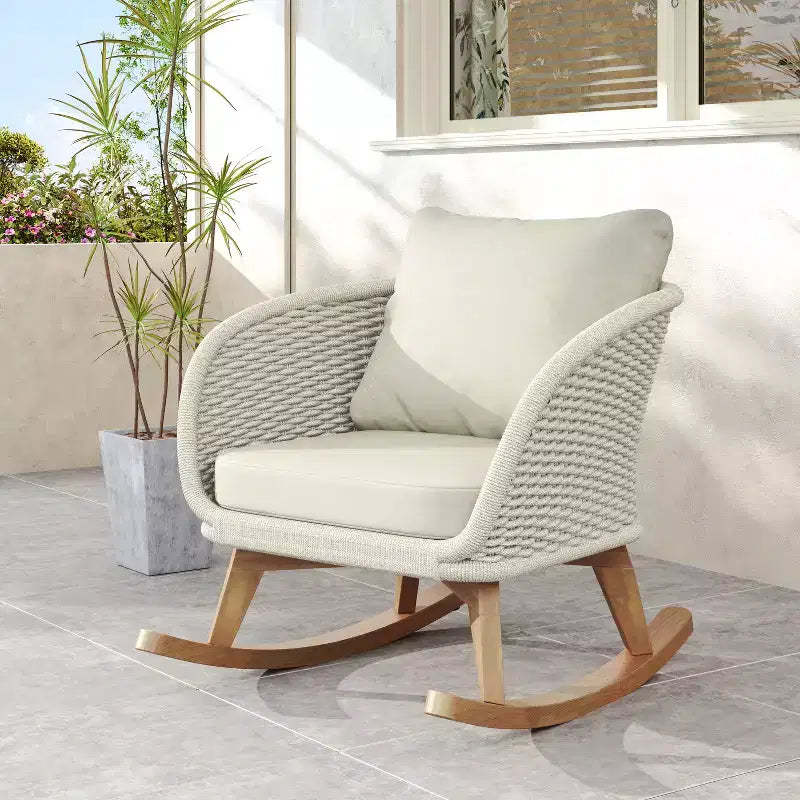 Contemporary Minimalist Beige Wicker Rocking Chair with Soft Cushions, for Patio or Balcony