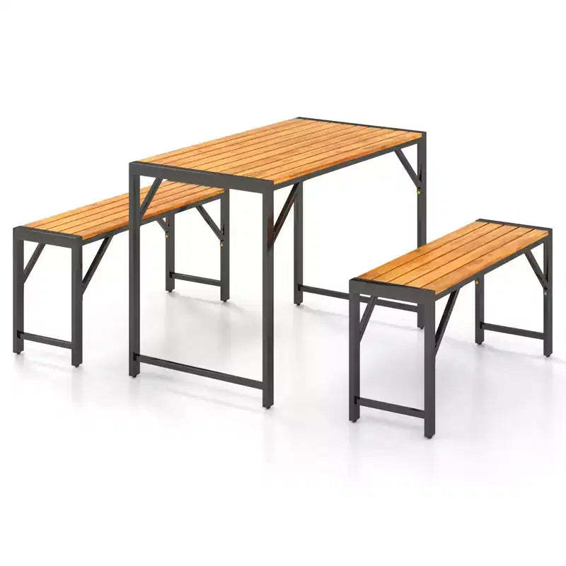 Gymax 3-Piece Outdoor Dining Set for 4 Featuring Wood Picnic Table & 2 Benches for Patios and Gardens