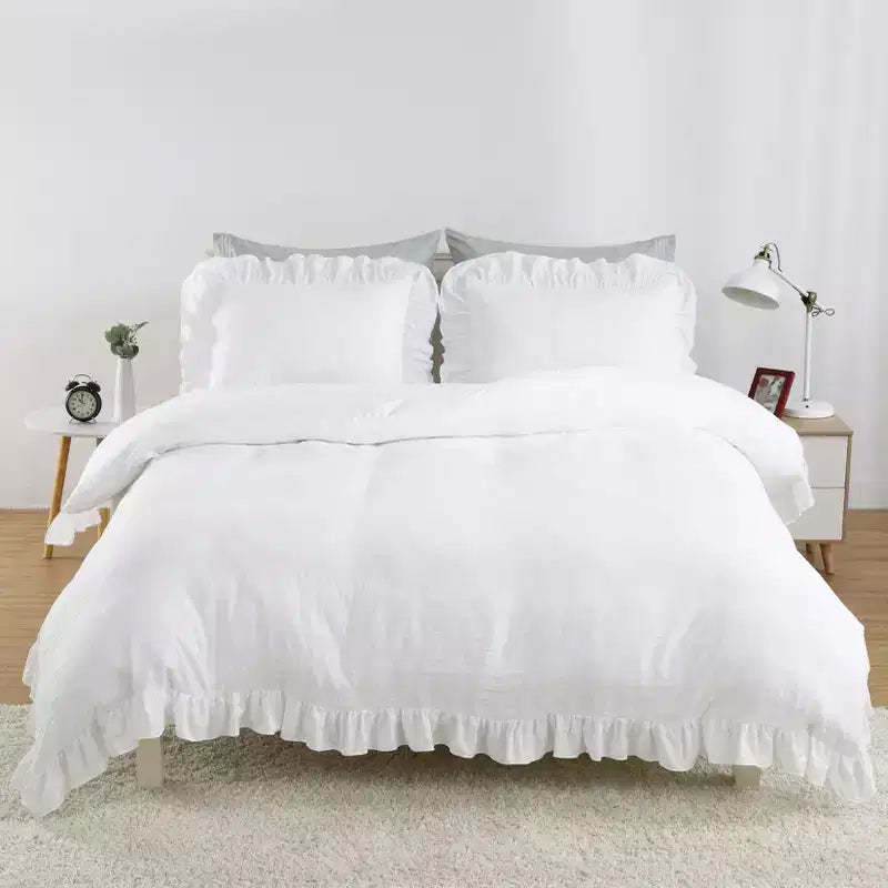 Vintage Ruffle Fringe Duvet Cover Set  Soft Microfiber, Shabby Chic Farmhouse Bedding, 1 Duvet Cover & 2 Pillowcases  Size (90x90 Inch)
