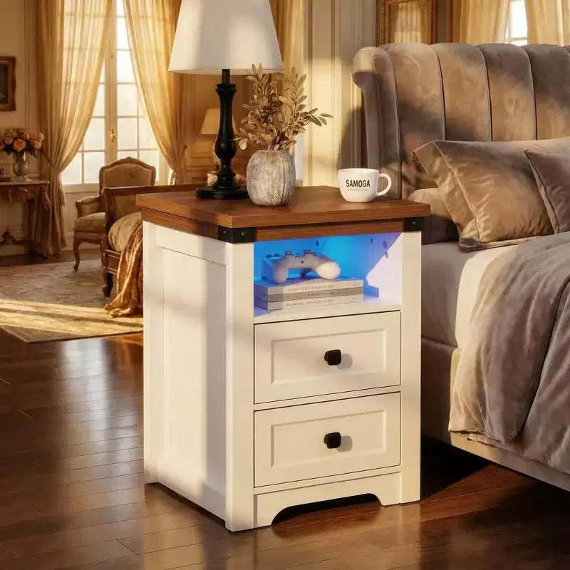 Homy Casa 2 Drawer Nightstand, Modern Side End Table with Charging Station and LED Light, White