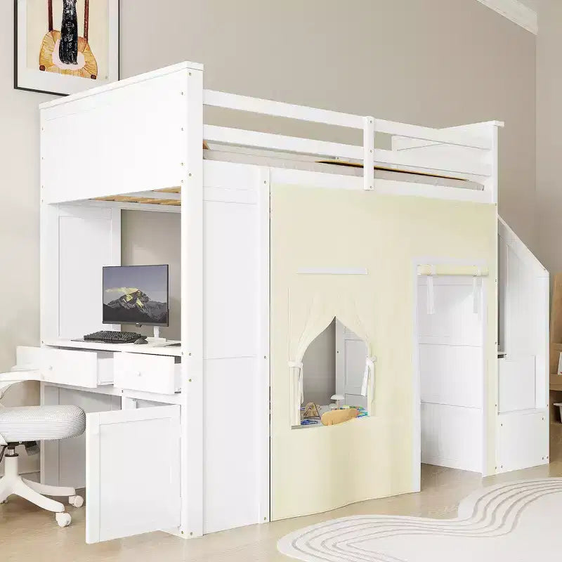 Twin Size Loft Bed with Desk, Storage Staircase, 2 Drawers, Curtain, Pine Wood Bed Frame for Kids & Teens, White - ModernLuxe