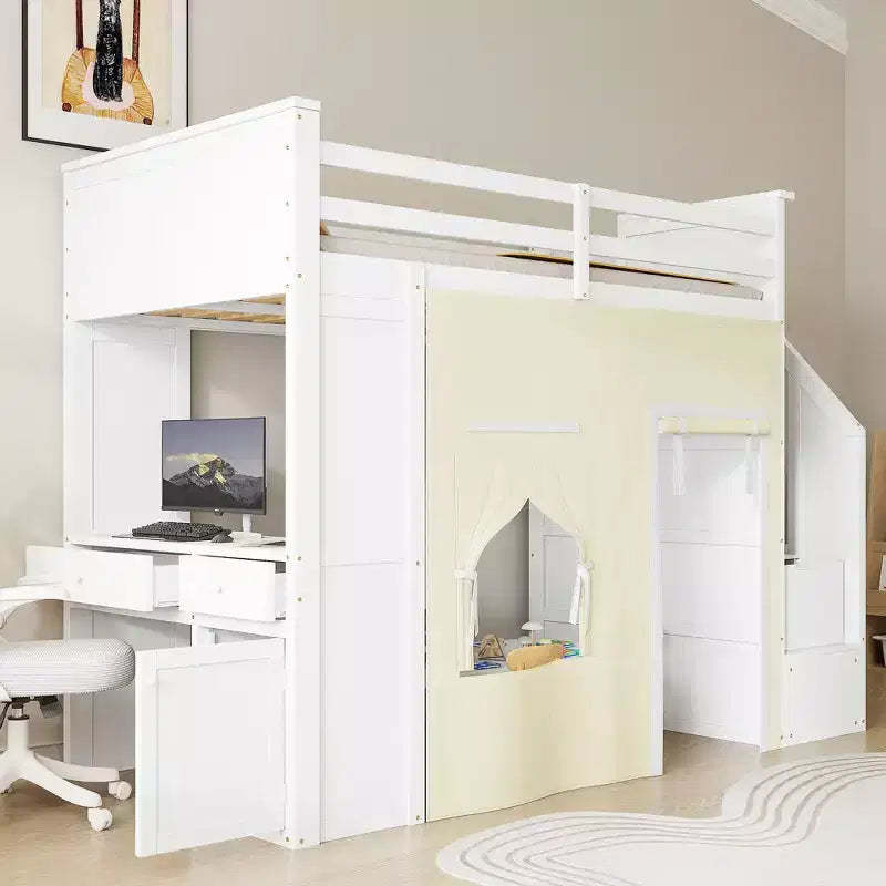 Twin Size Loft Bed with Desk, Storage Staircase, 2 Drawers, Curtain, Pine Wood Bed Frame for Kids & Teens, White - ModernLuxe
