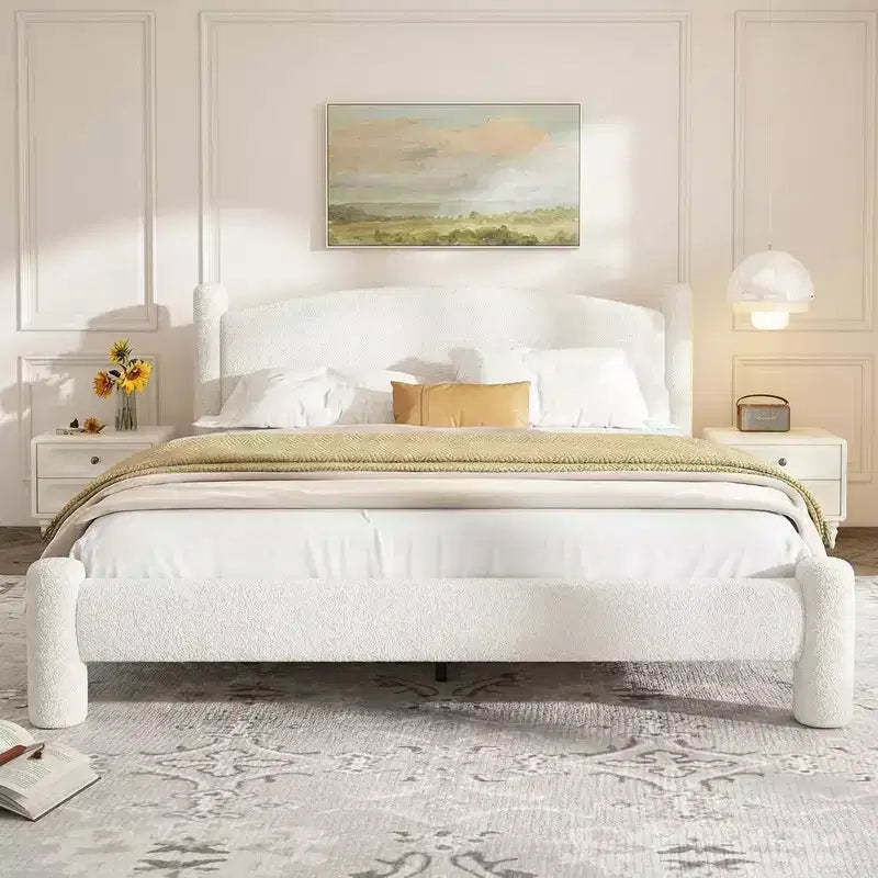 Coolmee King Size Boucle Upholstered Platform Cloud Bed Frame Soft Round Headboard Cylindrical Legs Heavy Duty Noise Free Design