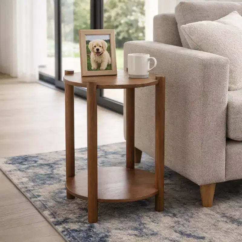 Elegant Round End and Side Table for Small Spaces - Mango Wood Base with Lower Shelf for Bedroom and Living Room Decor - 22, Tan & Brown