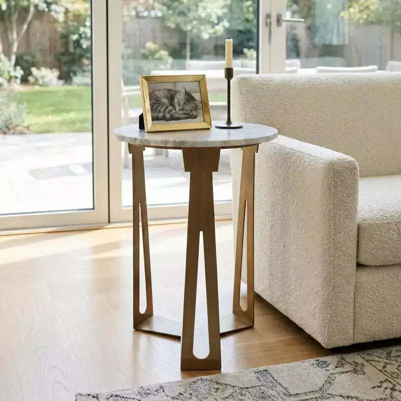 Round End Table with Marble Top and Metal Base for Living Room or Bedroom Decor - Small Side Table for Small Room Spaces - 22, Ivory & Gray