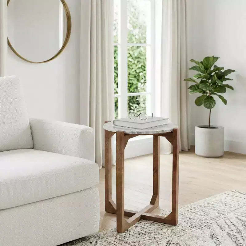 Classic Round End and Side Table for Small Spaces - Marble Top and Metal Base for Living Room, Bedroom and Home Decor - 22, Ivory & Gray