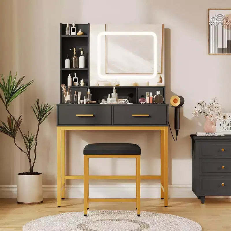 Makeup Vanity Desk with LED Mirror, 3 Lighting Modes, Power Outlet, 4 Drawers, Storage Shelves & Chair for Bedroom Living Room, Black