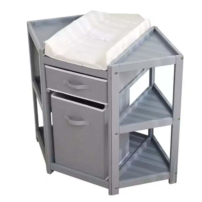 GustoWave Corner Diaper Changing Table with Storage Drawer Laundry Hamper Pad, Multi-Functional Organizer for Newborn Infant Gray