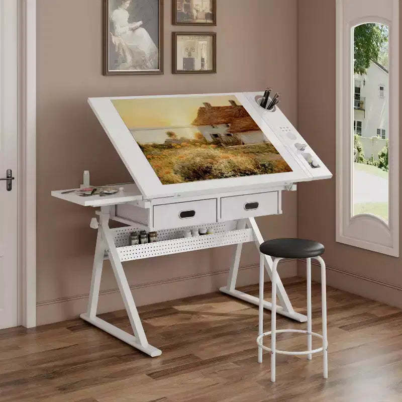 JVNOXK Adjustable drawing drafting table desk with 2 drawers for home office and school with stool (all white)