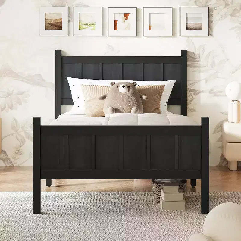 Twin Flat Panel Platform Bed with Headboard and Footboard, Wood Grain Shaker Farmhouse Bed Frame, Black
