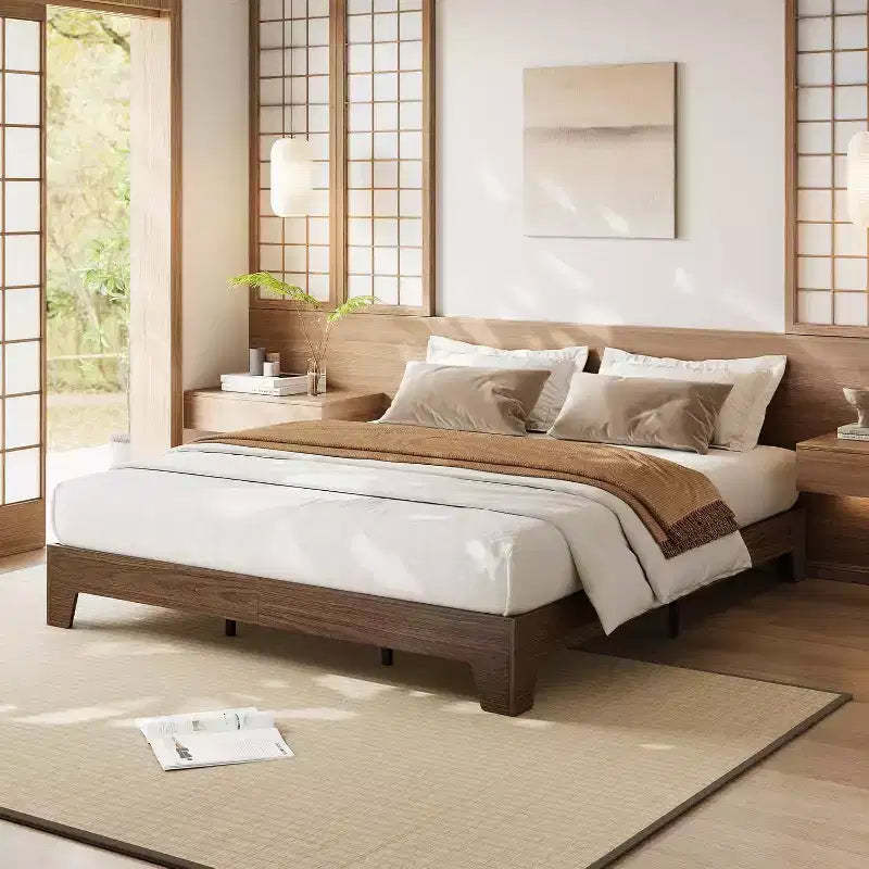 Wood Platform Bed Frame, Minimalist Bed with Wood Slats, Underbed Storage, No Box Spring Needed, Noise-Free & Easy Assembly, Walnut